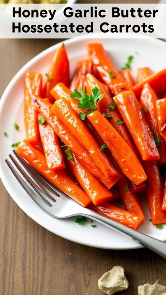 A serving of Honey Garlic Butter Roasted Carrots on a rustic table, garnished with parsley.